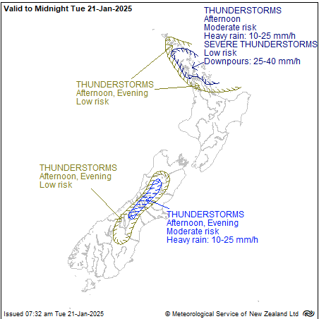 MetService map showing the likelihood of thunderstorms - valid to midnight Tuesday