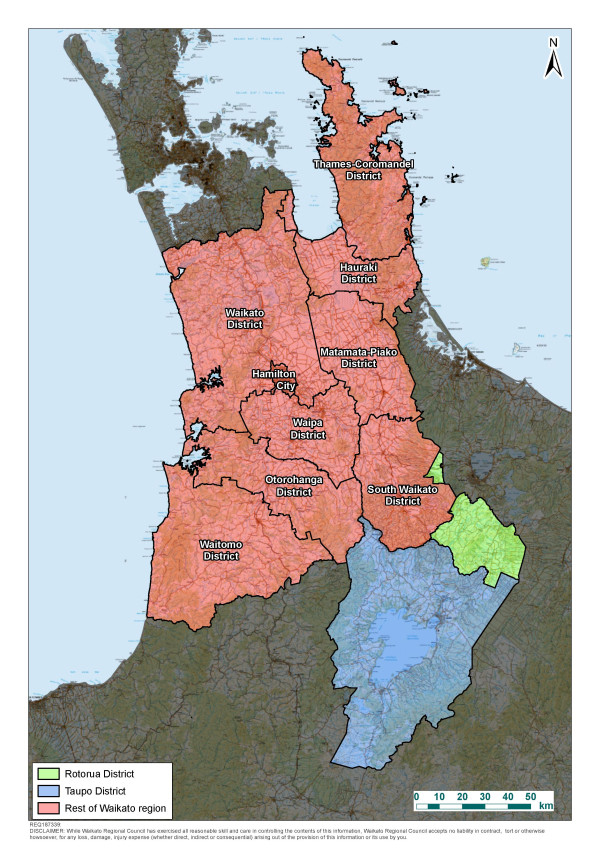 Image - Map of Waikato region, delineating Taupo / Rotorua and rest of Waikato